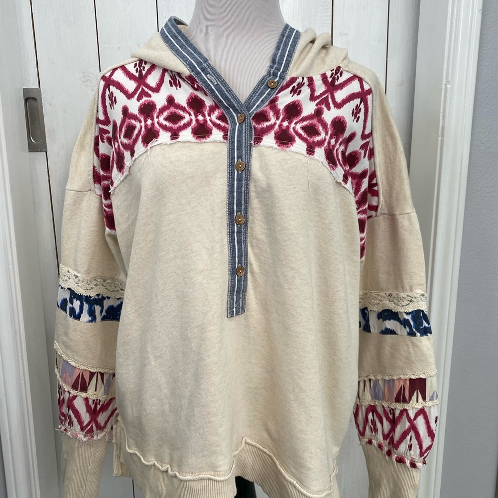 Pilcro Boho Cream Hoodie with Red and Blue Accents
